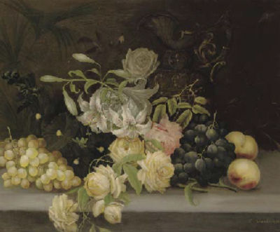 A gourd, white and black grapes, apples and a pear with a vase and a jug on a marble ledge; and Lillies and roses, hollyhocks, grapes and peaches, and a ewer, on a stone ledge by Edwin Steele - Auction record, sale price, and art valuation. Compare with similar artists and explore comparable artworks.