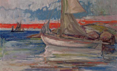 A sailing boat moored in a quiet inlet