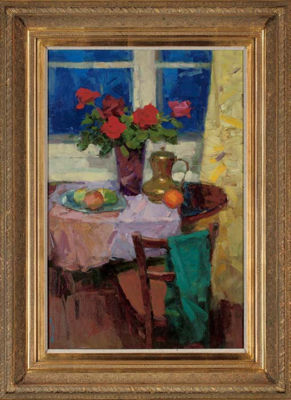 Roses in a vase, with apples a jug and an orange to the side, on a table