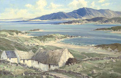 Cottages overlooking the Atlantic on the Irish coast by Rowland Hill - Auction record, sale price, and art valuation. Compare with similar artists and explore comparable artworks.