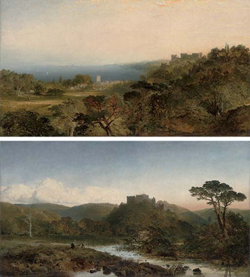 Dunster Castle, Somerset, looking west towards Dunkery Beacon, the river Anvill in the foreground; and Dunster Castle, from Grobfast Hill overlooking Blue Anchor Bay