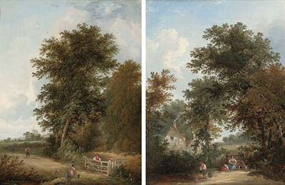 Figures Beside a Pool Before a Gate, a Cottage Beyond; and Another Similar