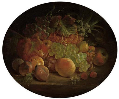 Apples, Pears, Strawberries, Grapes and a Pineapple on a Table with a Wicker Basket