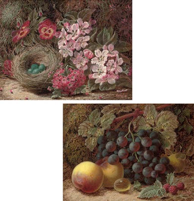 A Bird's Nest with Pansies and Hawthorn Blossom; and Apples, Grapes and Greengages (2) by Oliver Clare - Auction record, sale price, and art valuation. Compare with similar artists and explore comparable artworks.