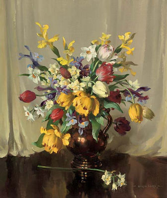 Tulips, Irises and Narcissi in a Copper Jug