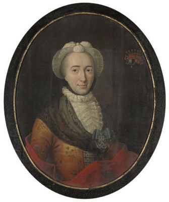 Portrait of Dorothea Øllegaard Rosenkrantz (1723-1786), quarter-length, in a yellow dress with a black lace shawl and white bonnet, with a coat of arms