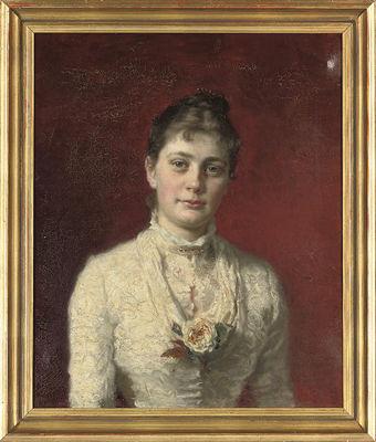 Portrait of Mrs H. Wichfeld (1849-1907), quarter-length, in a brown suit and green hat, a woodland beyond; and Portrait of E. Wichfeld Esq., quarter-length, in a white lace dress with a yellow rose