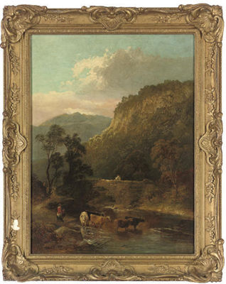 Cattle watering by a bridge
