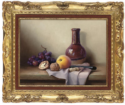 Grapes, a peach and walnuts, with an earthenware bottle to the side