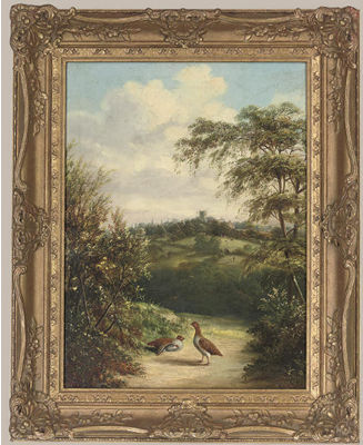 Two partridge on a country path with a church beyond