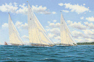 Britannia, Endeavour and Velsheda in close quarters off Cowes, 1934