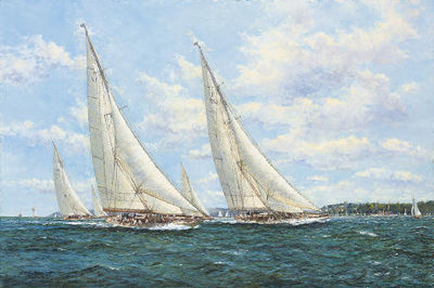 J-class yachts racing off Cowes, 1935: Endeavour, Velsheda, Shamrock, Candida and Yankee at the start