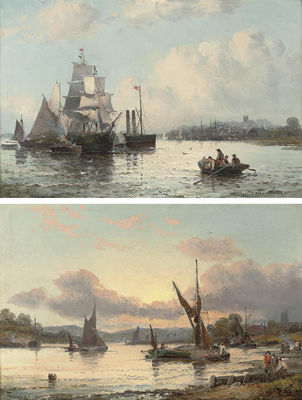 A paddle steamer and other shipping on a river estuary; and River traffic at dusk