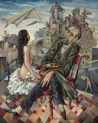 Sample artwork by Viacheslav Vasilevich Kalinin (Born 1939), known for surreal, abstract bohemian genre and figure painting, nudes - View similar artists and auction records