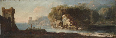 A coastal landscape with a shepherd by an inlet