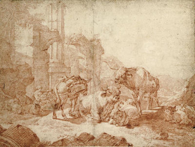A peasant family and their animals resting by classical ruins