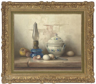 An apple, walnuts, eggs, oil lamp and soup tureen on a stone ledge by Robert Chailloux - Auction record, sale price, and art valuation. Compare with similar artists and explore comparable artworks.
