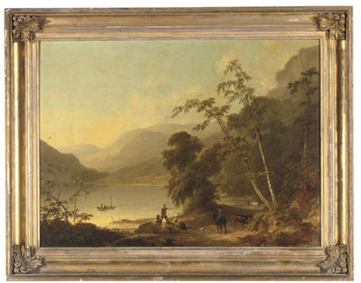 An extensive landscape with rustics resting on a track