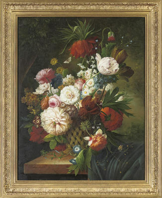 Roses, crysanthemums, parrot tulips, carnations, larkspur, and butterlies on a stone ledge; and Morning glory, parrot tulips, lavendar, roses and butterflies on a stone ledge (pair)