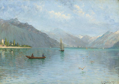 Fishing on Lake Lugano by Louis Isak Napolean Jensen - Auction record, sale price, and art valuation. Compare with similar artists and explore comparable artworks.