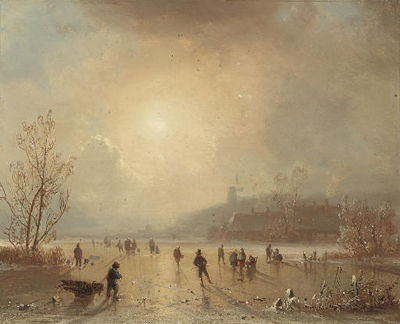 Skaters on a lake at dusk
