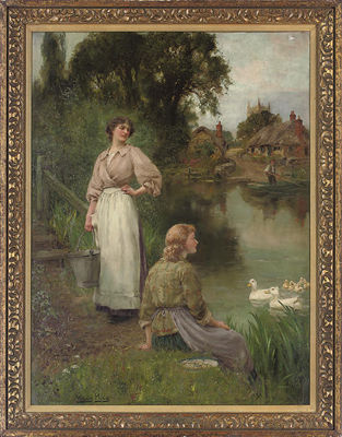Feeding the ducks, a summer day by the river