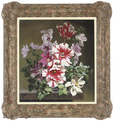 Parrott tulips with flowers by Bennett Oates - Auction record, sale price, and art valuation. Compare with similar artists and explore comparable artworks.