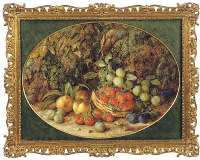 Plums, peaches and strawberries in a basket surrounded by ivy and ferns, in an oval mount by Vincent Clare - Auction record, sale price, and art valuation. Compare with similar artists and explore comparable artworks.