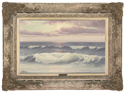 Waves breaking on the shore at sunset