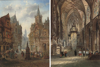 Sunlit cathedral interior; and Market day (a pair) by Franz Auguste Rezia - Auction record, sale price, and art valuation. Compare with similar artists and explore comparable artworks.