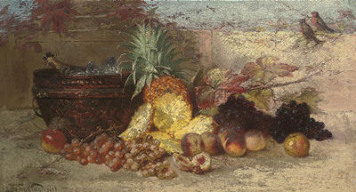 Grapes, peaches, a pineapple and champagne