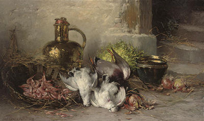 Pheasants, onions and prawns by a staircase by Nelius Gronland - Auction record, sale price, and art valuation. Compare with similar artists and explore comparable artworks.