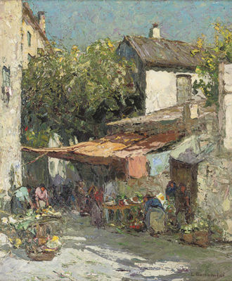 Sample artwork by Louis Bonamici (1878 - 1966), known for post-impressionist marine, market, floral still life and village scene painting - View similar artists and auction records