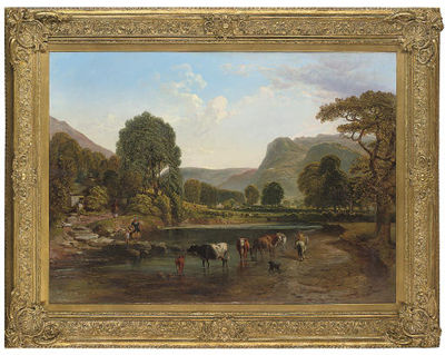 Cattle watering in an extensive Highland valley, with meadows and cottages beyond