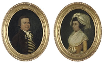 Portrait of a gentleman, small-half-length, in a yellow and blue striped waistcoat and brown coat; and Portrait of a lady, small- half-length, in a yellow dress and white lace wrap (a pair)