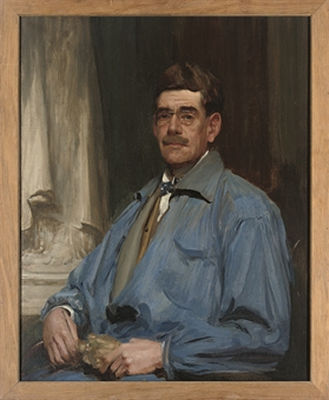 Self-portrait, half-length, in blue overalls, a white shirt and a bow-tie