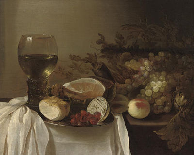 A roemer of wine, a pewter platter with a bread roll, a bowl of raspberries, a joint of ham, peaches and grapes on a partly-draped table