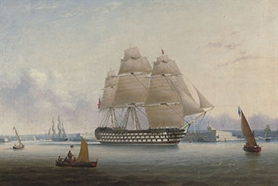 H.M.S. Britannia leaving Valetta to return home to Portsmouth in 1850 by Robert Strickland Thomas - Auction record, sale price, and art valuation. Compare with similar artists and explore comparable artworks.