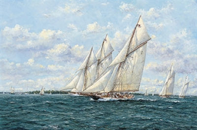 'Halcyon days of yachting': Westward and Britannia racing towards the finishing line, with Lulworth and Shamrock astern, Cowes Week, 1926