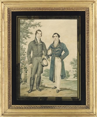 Portrait of two gentleman, standing full-length, in a park landscape, both in elaborate costume, holding top hats by James Warren Childe - Auction record, sale price, and art valuation. Compare with similar artists and explore comparable artworks.