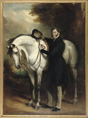 Portrait of Thomas Dundas, 2nd Earl of Zetland, KG (1795-1873), full-length, in a black coat with a grey horse in a landscape