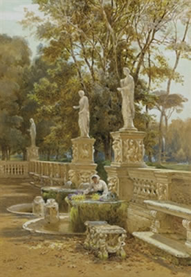 A woman at a fountain, Villa Borghese, Rome by Charles Earle - Auction record, sale price, and art valuation. Compare with similar artists and explore comparable artworks.