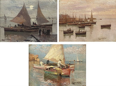 Collecting fruits of the sea; Fishing by moonlight; and The Bay of Naples at dusk (set of 3)
