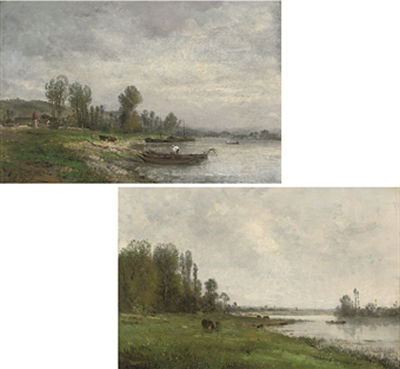 Rowing on a river; and Unloading at the riverbank (pair)