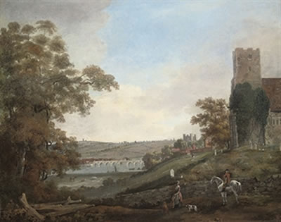 Rochester from the banks of the Medway with the castle and bridge beyond