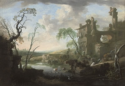 An Italianate landscape with drovers and their herd by a river