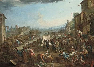A market in a town, a landscape beyond