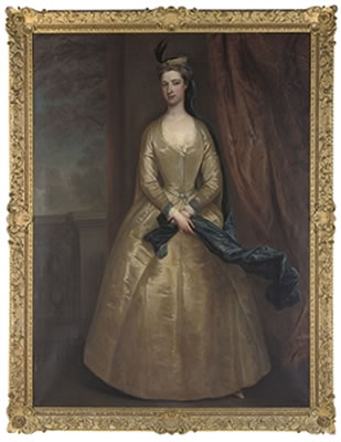 Portrait of Lady Barbara North, full-length, in an oyster satin dress and a blue wrap, on a terrace