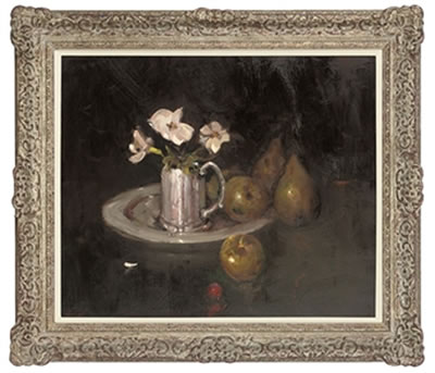 Flowers in a silver pitcher, with apples and pears to the side