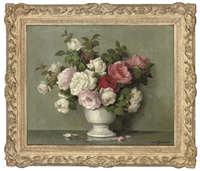 Pink and white roses in a vase
